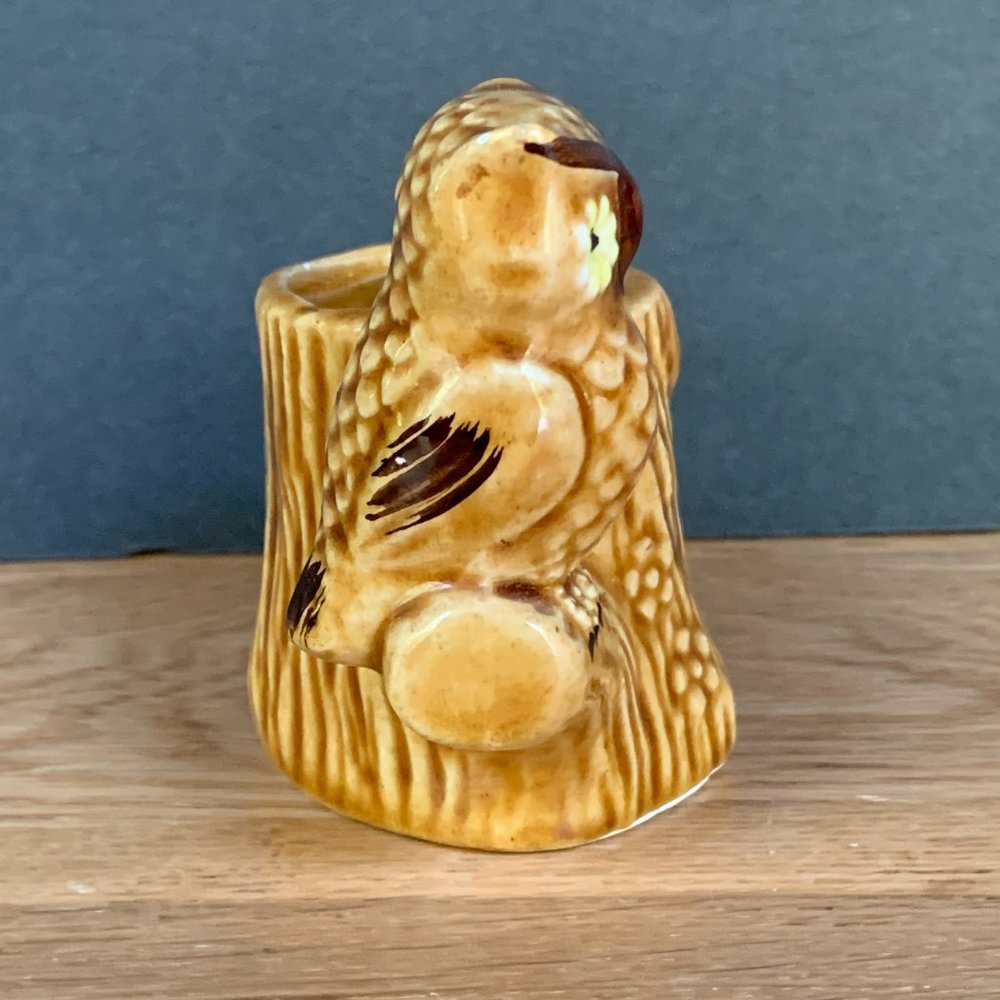 VTG Owl Toothpick Holder 70s Japan Tree Stump Ceramic Flowers Retro Boho Kitchen - Picture 2 of 10